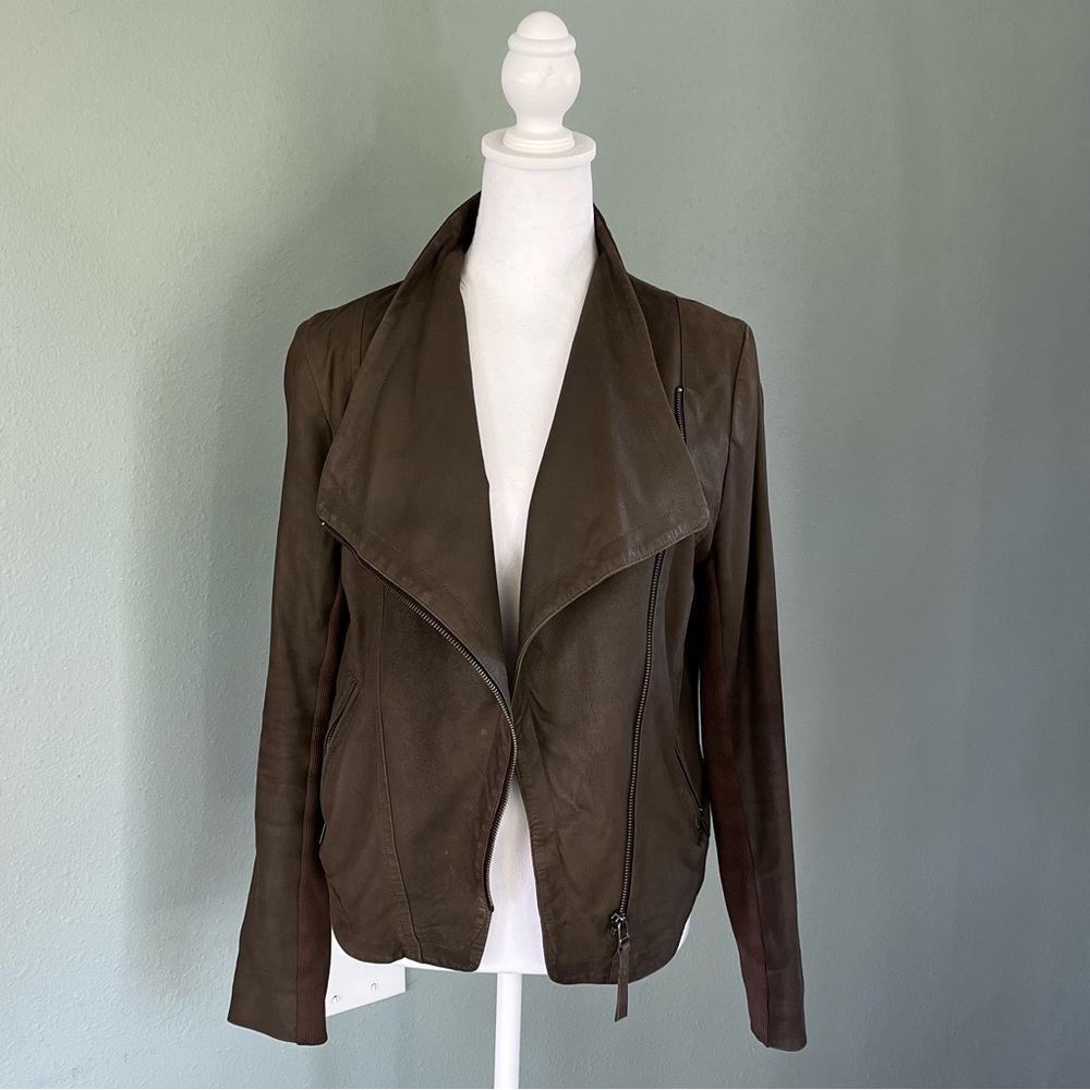Mackage Cleo Lamb Leather Moto Jacket Green Size Medium